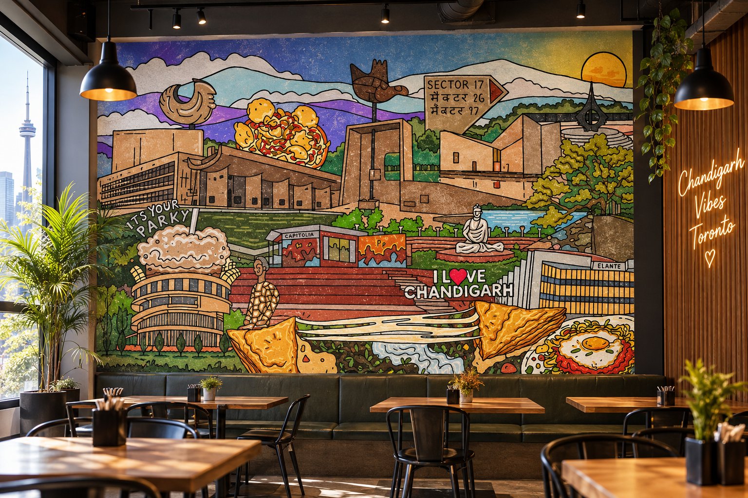 Chandigarh Vibes Toronto illustrated restaurant wall mural